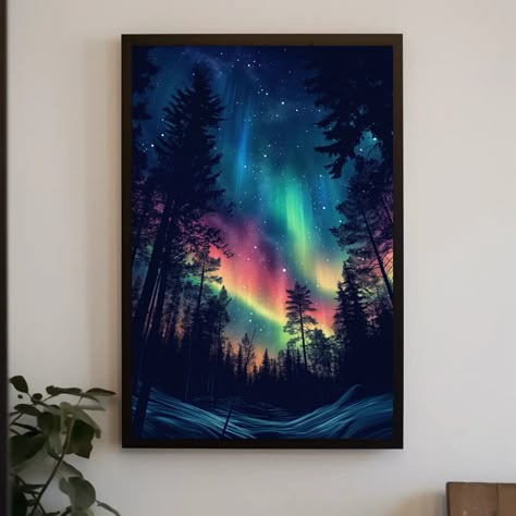 Transform your space with the ethereal beauty of the Aurora Borealis with this Forest Northern Lights canvas painting. This framed print captures the stunning display of the northern lights over a serene forest, making it perfect for Cabin and Nature decor. Ideal for enhancing a cozy living room or a tranquil bedroom, this artwork brings a touch of natural wonder and celestial beauty to any space. High-quality canvas print featuring detailed artwork of the Aurora Borealis over a forest Sturdy wo Aurora Borealis Painting Acrylics, Aurora Lights Painting, Aurora Borealis Northern Lights Painting, Wilderness Painting, Northern Lights Canvas Painting, Aurora Borealis Painting, Snow Owls, Northern Lights Canvas, Light Up Canvas