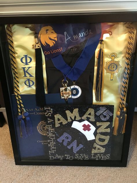 Nursing school graduation shadow box Graduation Boxes, Graduation Shadow, Graduation Frames, Nursing Graduation Cakes, Nurse Sayings, Nursing Party, Graduation Display, Shadow Box Graduation, Nurse Friends