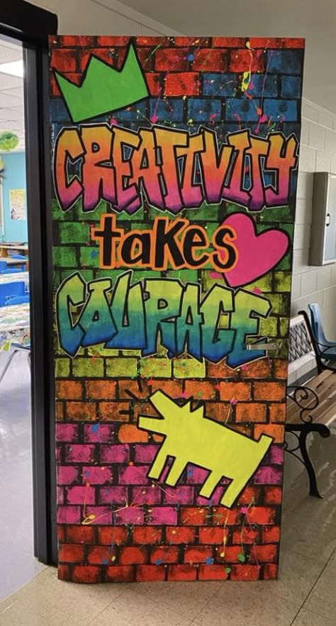 Graffiti Bulletin Board Ideas, Art Is For Everyone Bulletin Board, Graffiti Classroom Theme, Art Door Ideas, High School Art Classroom Design, Art Room Bulletin Boards, Art Door Decorations Classroom, Art Teacher Bulletin Board Ideas, Art Room Door Decoration