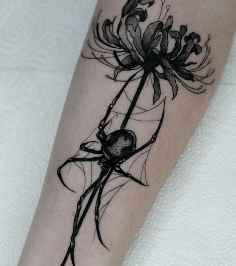 Dark elegance for @s.dan__i 🕷️🔥 Thank you for being so brave! • • • #darktattoo #blackwork #spidertattoo #flowerandspider #darkart #tattoolife #inkedgirls #tattoodesign #tattoostyle #boldandblack Spider Web Forearm Tattoo, Spider Lily Sleeve Tattoo, Black And White Spider Lily Tattoo, Spider On Flower Tattoo, Spiderweb Floral Tattoo, Japanese Dark Tattoo, Thigh Spider Tattoo, Spider Lily Outline, Spider Lillies Tattoo Design