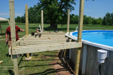 our pool deck project, decks, pool designs, First deck boards go on Diy Pool Deck, Solar Pool Heater Diy, Ideas De Piscina, Decks Around Pools, Pool Deck Plans, Backyard Getaway, Swimming Pool Decks, Above Ground Pool Landscaping, Above Ground Pool Decks