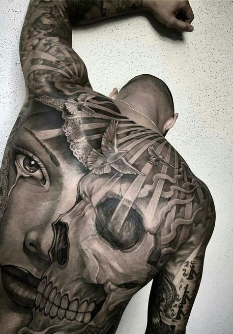 Back Piece Tattoo Men, Tatoo 3d, Backpiece Tattoo, Cool Back Tattoos, Cool Shoulder Tattoos, Back Piece Tattoo, Mens Shoulder Tattoo, Chicano Tattoos, Full Back Tattoos