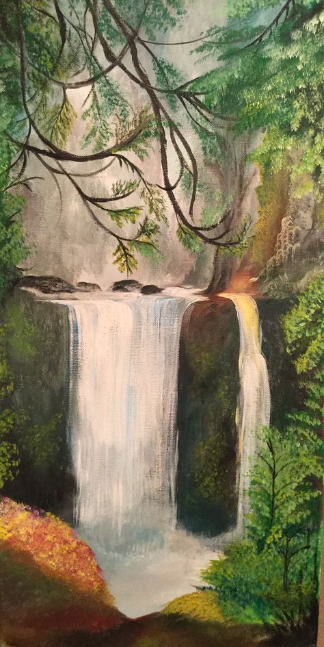 Waterfall Wall Painting, Paintings On Large Canvas, Book Photomontage, Nature Painting Reference, Cool Nature Paintings, Landscape Paintings Waterfall, Waterfall Painting On Canvas, Natural Landscape Drawing, Book Paintings On Canvas