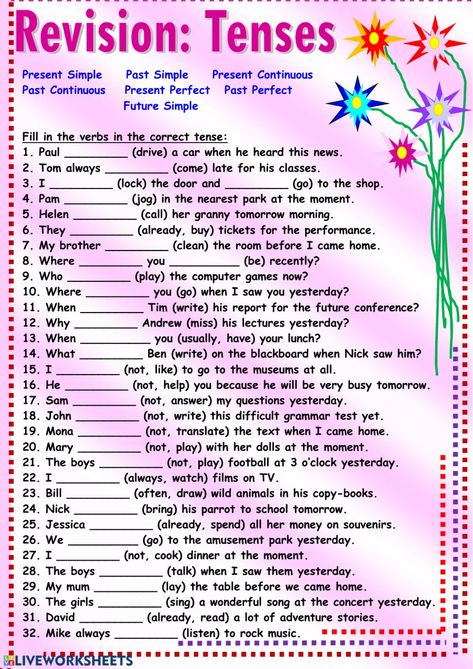 English Tenses Exercises, Verb Tenses Exercises, Tense Worksheet, Tenses Exercises, English Grammar Test, All Tenses, Tenses Grammar, Tenses English, English Grammar Tenses