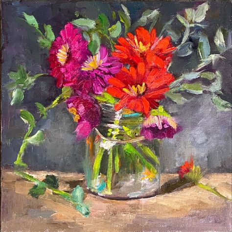 Zinnias red zinnias pink zinnias purple art painting oil artist Beth Blackwell Cullen Purple Art Painting, Pink Zinnias, Zinnia Flowers, Flower Inspiration, Purple Art, Oil Painting Flowers, Painting Oil, Oil Painting, Art Painting