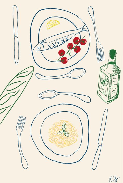 Dinner plates Illustration with pasta and fish. Menu Illustration Food, Food Line Illustration, Table Setting Illustration, Tablescape Drawing, Table Setting Drawing, Menu Illustration Design, Food Illustration Art Graphics, Dining Illustration, Dinner Table Illustration