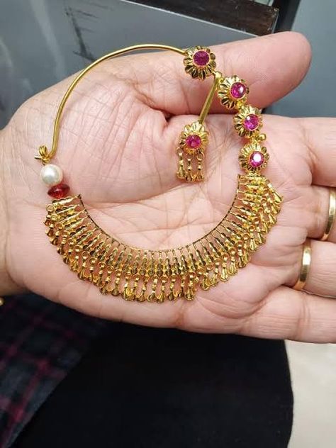 Gold Nath Designs Indian, Pahadi Jewellery, Nath Designs, Nath Design, Nath Bridal, Gold Nath, Bridal Nath, Nath Nose Ring, Jewelry Necklace Simple