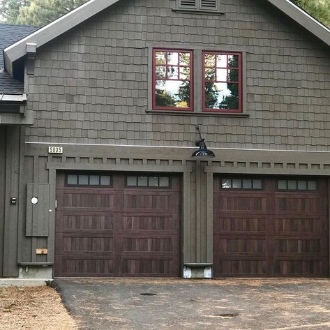 chi garage doors • Instagram Brown Garage Doors, Chi Garage Doors, Brown Garage Door, Modern Mountain Home, Rustic Home Design, Modern Mountain, Exterior Stone, Mountain Homes, Carriage House