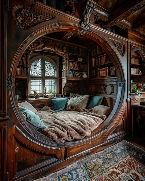 Built-in Beds 🛌😴💤✨️ . Conjured using a blend of Midjourney AI, Photoshop, and Topaz 🧙‍♂️🪄 . #midjourney  #midjourneyart  #midjourneyai… | Instagram Sunken Bedroom Ideas, Hobbit House Bedroom, Bed Cupboard Design, Hobbit Interior Design, Bedroom With Arch, Fantasy Home Interior, Bed Nook Ideas, Built In Beds, Hobbit House Interior