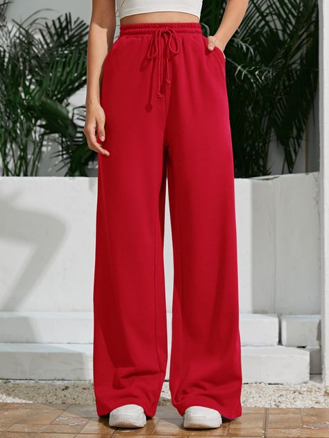 Red  Collar  Knitted Fabric Plain Wide Leg Embellished Non-Stretch All Women Bottoms Lower For Women Outfit, Wide Leg Red Pants, Red Sweatpants, Women Bottoms, Fashion Top Outfits, Plain Outfits, Wide Leg Sweatpants, Easy Trendy Outfits, Red Pants