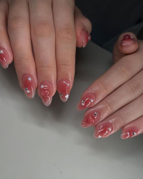 Nail Ideas Jelly Nails, Red Blush Nails, Summer Nails Jelly, Red Korean Nails, Korean Almond Nails, Nail Inspo Korean, Jelly Gel Nails, Korean Jelly Nails, Nail Art Jelly