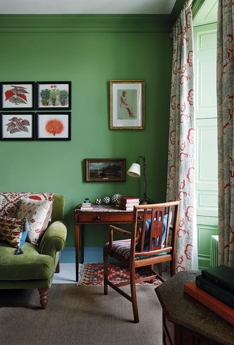 A writer’s flat in Edinburgh decorated by Susan Deliss | House & Garden Susan Deliss, Ercol Chair, Small Sectional Sofa, Green Walls, Art And Craft Design, Kitchens And Bedrooms, Green Rooms, House Garden, Sitting Room