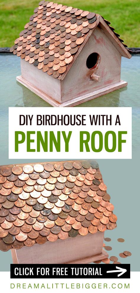 Give your birdhouse a gorgeous copper roof with just pennies! See what glue we used to tack 308 pennies onto our birdhouse to give it a quaint and unique look! Birdhouse Diy Ideas, Home Made Bird Houses, Boho Birdhouse, Wooden Garden Ornaments, Summer Break Activities, Copper Ideas, Backyard On A Budget, Diy Projects For Adults, Diy Birdhouse