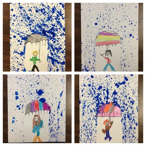 This splatter-paint project is great for integrating art into your study of rain / weather.  (Photo Only) Weather Art, Rain Weather, Weather Crafts, Weather Theme, Kindergarten Art Projects, Art Projects For Kids, Rain Art, Umbrella Art, Splatter Paint