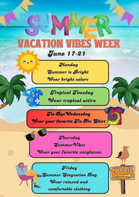 🌞🍉 Get ready to bring the vibes to your school with this fun and colorful Canva Spirit Week template for teachers! 🏖️🍦 🌺 What's included: - 5 themed spirit day ideas - Editable flyer template 🌴 Perfect for boosting morale, fostering community spirit, and creating lasting memories. Get your template now and start planning a summer-inspired spirit week that everyone will love! 🌟 Template is customizable through Canva. Template can be used for any teacher spirit week! Spirt Week Ideas Summer, Back To School Spirit Week Ideas, Summer Spirit Week Ideas, Homecoming Spirit Week Ideas, Spirit Week Ideas For Workplace, Dress Up Themes Spirit Weeks, Hoco Week Themes, Dress Up Days For School Spirit Weeks, Fun Spirit Week Ideas