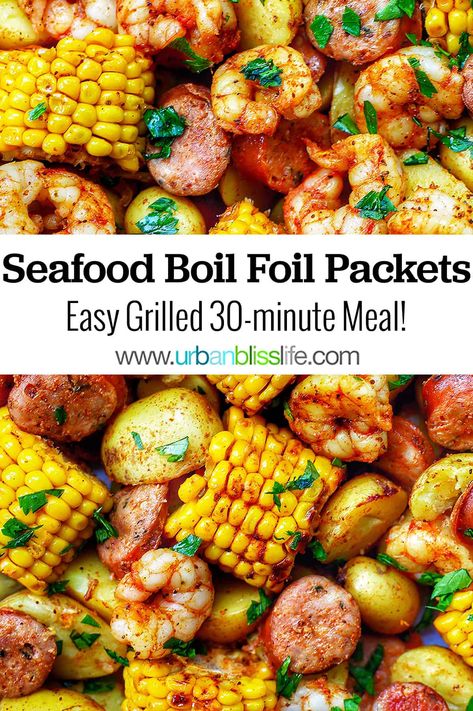 Grilled Seafood Boil Foil Packets are hearty, satisfying, and feed a crowd! In this classic southern dish, shrimp, sausage, corn, and potatoes are well-seasoned and grilled in foil packets for fast, easy cooking and fast, easy cleanup. Perfect for summer picnics, barbecues, and potlucks! Get the full recipe on UrbanBlissLife.com. Low Country Boil Foil Packets Ovens, Cajun Foil Packets For The Grill, Seafood Foil Packets Grill, Shrimp Corn Potatoes Foil Packets, Seafood Boil On The Grill, Seafood Boil Packets, Low Country Boil Foil Packets, Shrimp Boil On The Grill, Corn And Potatoes