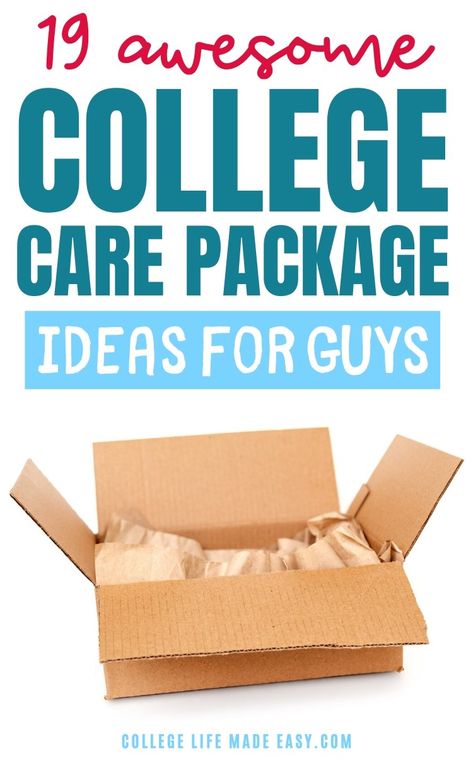 19 care package ideas for guys in college that will bring an instant smile to his face.  via @esycollegelife College Care Package For Guys, College Survival Kit For Guys, College Care Package Ideas For Guys, Freshmen Year Survival Kit, College Basket, College Gift Boxes, College Care Package Ideas, College Gift Baskets, Kids Care Package