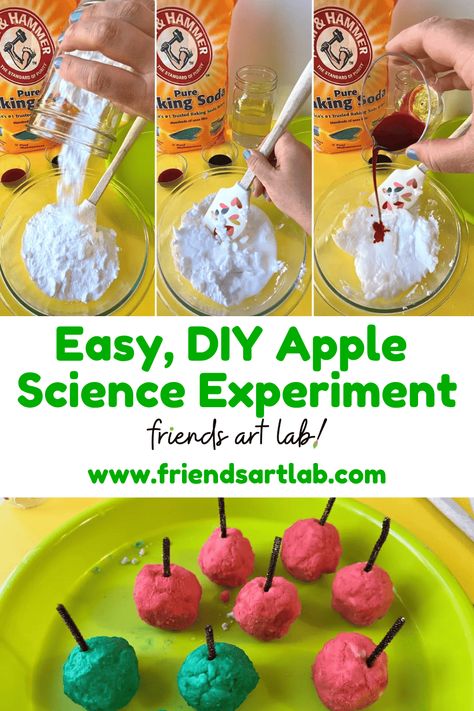 Apple Science Experiment with Baking Soda & Vinegar - Friends Art Lab Cinnamon Play Dough, Apple Science Experiments, Baking Soda Experiments, Apple Science, Science Experiments Kids Preschool, Jewish High Holidays, Fall Science, Science Experiment For Kids, Halloween Apples