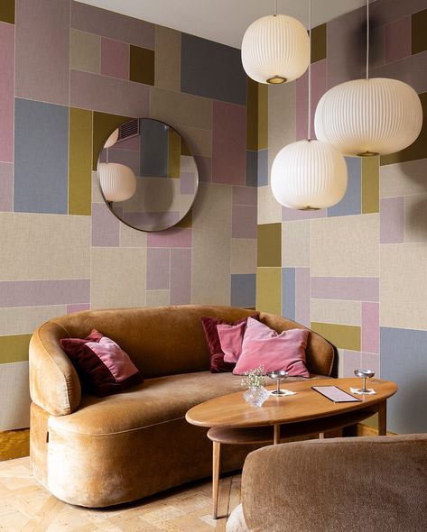 Bold Grid wall mural may be just what you need for your next restaurant project - or any hospitality space needing an interior design upgrade! We would love to help assist you, book a meeting with our experts via link in bio! Green Mural, Playful Color Palette, Grid Wall, Pink Leaves, Green Hues, Bold Design, Common Area, Wall Mural, Geometric Design