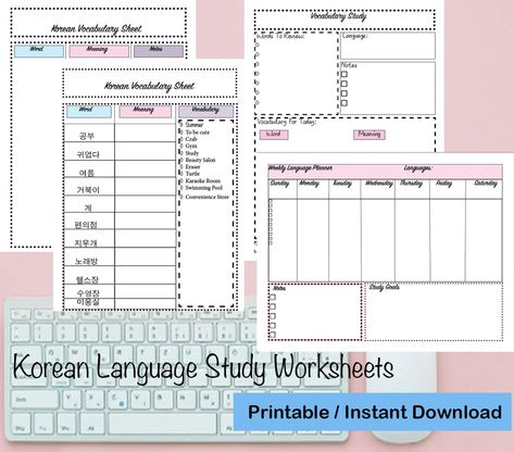 Korean Language Study Worksheets, Instant Download How To Study Korean At Home, Study Planner Printable Free, Vocabulary Meaning, Study Supplies, Language Journal, Language Tips, Korean Learning, Social Studies Notebook, Learn Hangul