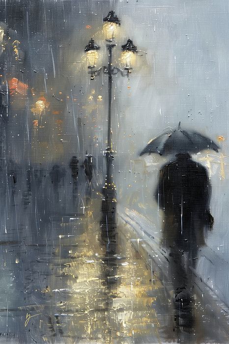 People With Umbrellas Rainy Days, Rainy Sky Painting, Painting Shadows And Light, How To Paint Rain, Rainy Night Painting, Rainy Painting, Umbrella In Rain, Cold Painting, Rainy Day Painting