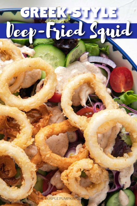 Elevate your seafood game with this gourmet Crispy Deep-Fried Squid Salad. The tender calamari rings are coated in a crispy fry coating and served on a bed of mixed salad greens, sliced shallots, and juicy cherry tomatoes. Drizzle with a creamy homemade dressing for a sensational dining experience. Find the recipe on The Purple Pumpkin Blog. #GourmetSeafood #SquidSalad #CreamyDressing Calamari Rings, Calamari Salad, Squid Salad, Fried Squid, Mixed Salad, Salad Greens, Purple Pumpkin, Crispy Fry, Fresh Salad