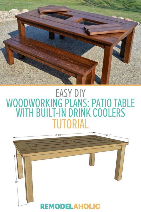 Follow these advanced beginner woodworking plans to build your own patio table with built-in drink coolers.Read the blog to snag the woodworking plans! This DIY home project is great for summer! Woodworking Plans: Patio Table with Built-in Drink Coolers Outdoor Table With Ice Bucket Built Ins, Porch Furniture Diy, Picnic Table With Built In Cooler, Diy Outdoor Dining Table With Cooler, Wooden Cooler Stand Diy Plans, Outdoor Dining Table Diy, Outdoor Table Plans, Patio Table Plans, Homemade Cooler Wood