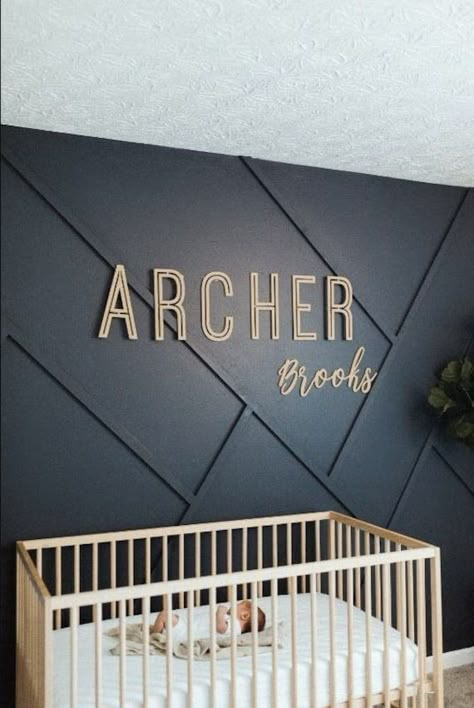 Names Signs For Nursery, Nursery Wood Slat Wall, Names On Wall Decor, Accent Wall Baby Boy Nursery, Nursery Black Accent Wall, Custom Name Signs For Nursery, Dark Grey Accent Wall Nursery, Accent Wall Boy Nursery, Wall Name Signs For Nursery