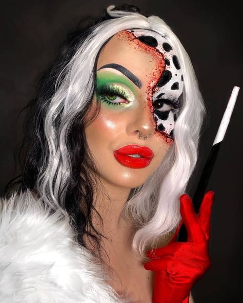 Cruella Deville Makeup, Cruella Costume, Green Colored Contacts, Galaxy Makeup, Cruella Deville, Colored Contact Lenses, Makeup Store, Creative Costumes, Halloween Costumes Makeup