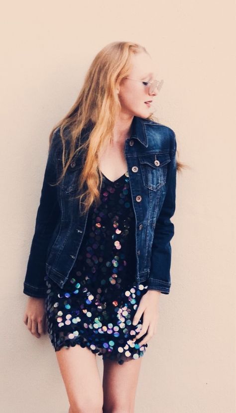 #sequin #dress #classy #love #style #denim #jacket #streetstyle #shimmer #shine #wear #glitter #redhead #redhair Shimmer Jacket Outfit, Sequin Dress With Denim Jacket, Sequence Dress Short, Rebecca Bloomwood, Dress Shorts Outfit, Style Denim Jacket, Denim Party, Glittery Dress, Birthday Ideas For Her