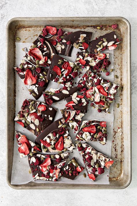 Bittersweet Chocolate Swirl Fruit and Nut Bark pairs bittersweet chocolate, white chocolate, almonds, raspberries, strawberries, pumpkin and chia seeds for a delectable holiday treat. Dare I say that this is even a healthy homemade holiday treat? It is full of super foods after all! So, go ahead and indulge a little. It is rich enough that you won't need to eat a lot, but it is oh soooooo good. Fruit And Nut Chocolate, Fruit Bark, Homemade Holiday Treats, Homemade Holiday Gifts, Eat A Lot, Chocolate Swirl, Chocolate Fruit, Homemade Holiday, Super Foods