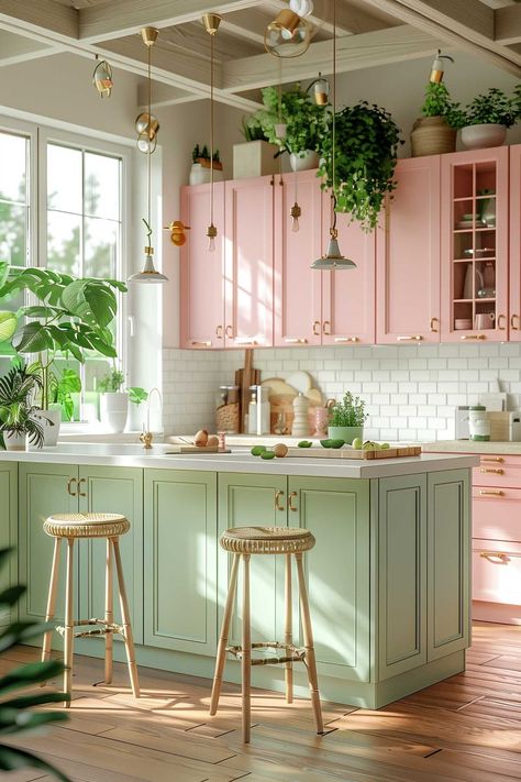 Pink And Green Kitchen, Green Kitchen Cabinet, Pink Kitchen Ideas, Pink Kitchen Designs, Retro Pink Kitchens, Beautiful Kitchenware, Sage Kitchen, Kitchen Projects Design, Kitchen Cabinet Inspiration