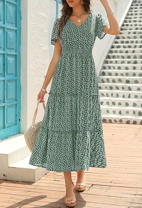 Zattcas Womens 2024 Long Summer Dress Casual Short Flutter Sleeve V Neck Smocked Waist Tiered Flowy Modest Floral Boho Maxi Dress Green M at Amazon Women’s Clothing store Modest Amazon Dresses, Long Dress Casual Summer, Summer Dress Casual, Long Summer Dress, Boho Floral Maxi Dress, Amazon Dresses, Short Summer Dresses, Long Summer Dresses, Maxi Dress Green