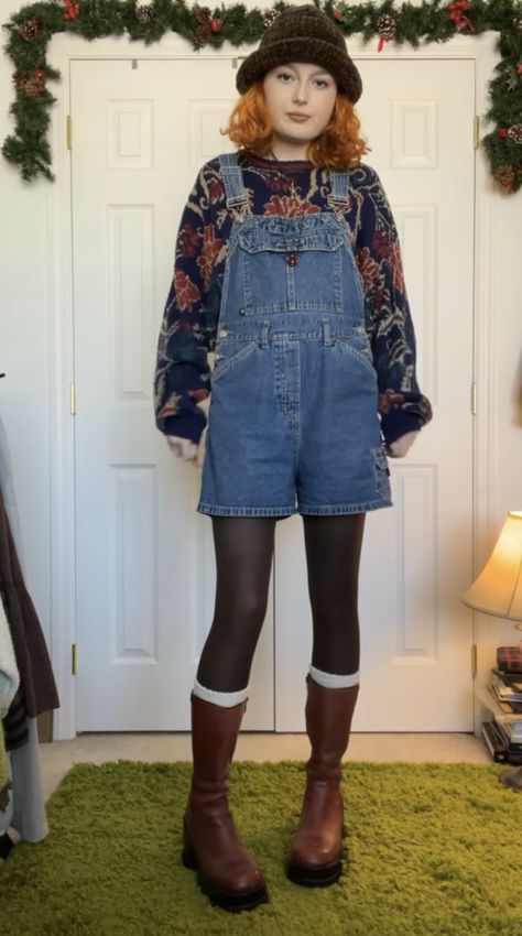 Vest With Overalls, Overalls And Tights, Autumn Dungarees Outfit, Artsy Overalls Outfit, Whimsigoth Overalls, Autumn Overalls Outfit, Vintage Fall Clothes, Cottagecore Dungarees, Overalls With Tights