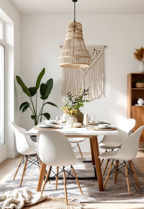 Scandi Boho Decor Scandi Dining Room Ideas, Comedor Boho Chic, Dining Room Design Boho, Round Dining Table Decor Ideas, Table Settings Neutral, Eclectic Table Settings, Boho Chic Dining Room, Scandi Boho Living Room, Scandi Boho Interior