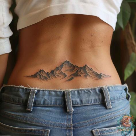 Lower Back Mountain Tattoo, Mountain Tatoos Woman, Nature Arm Tattoos For Women, Mountain Tattoo On Thigh, Valley Tattoo Mountain, Mountain Tattoo On Back, Mountain Spine Tattoo, Rock Tattoo Nature, Mountain Back Tattoo