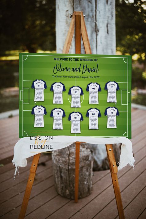 Soccer Wedding Ideas, Football Themed Wedding Reception, Soccer Wedding, Football Wedding Theme, Football Themed Party, Seating Arrangement Wedding, Football Wedding, Seating Chart Sign, Soccer Theme