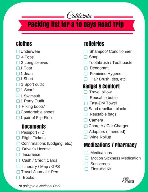 What to pack for a 10 days road trip in California,  between San Francisco and Los Angeles. | Practical printable list. 10 Days Beach Vacation Packing, 10 Days Vacation Packing, Packing List For Vacation 10 Days, 10 Days Packing List Summer, What To Pack For Los Angeles, 10 Day Travel Packing List, 10 Days Travel Packing, Packing List 10 Days Summer, What To Pack For A 10 Day Trip