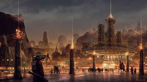 -Temple City-, Pat Presley on ArtStation at https://www.artstation.com/artwork/xJxeVO Modern Fantasy City, Money Flowing, Spiritual Center, Fantasy Settings, Concept Vehicles Sci Fi, Temple City, Sci Fi City, Fantasy City, Fantasy Castle