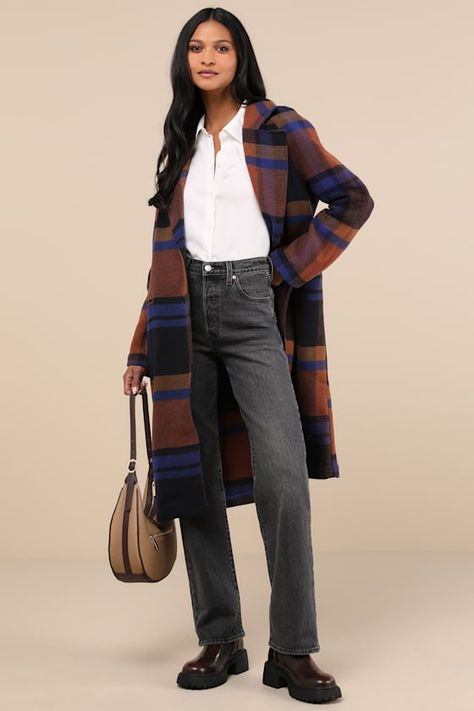 Ideal Weather Brown and Blue Plaid Coat Blue Plaid Coat, Plaid Winter Coat, Flannel Coat, Plaid Wool Coat, Casual Formal Dresses, Lulu Fashion, Anthropologie Jacket, Winter Outerwear, Casual Outerwear