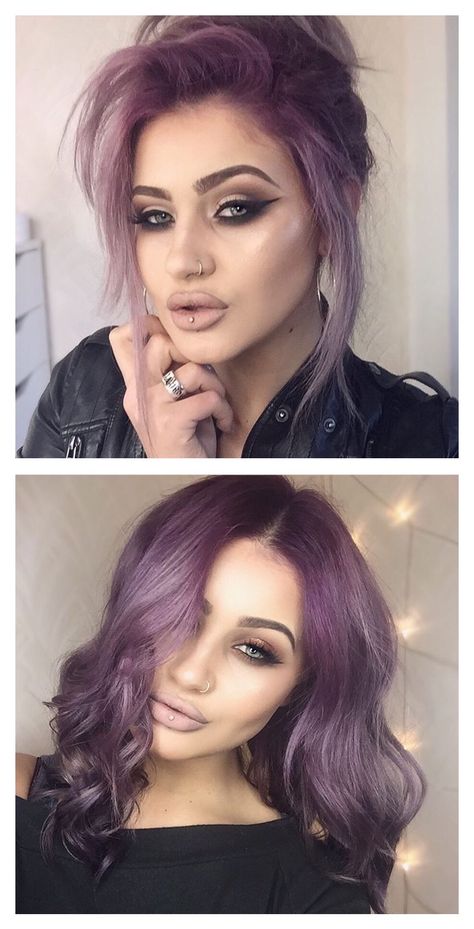 Purple Hair Dark Roots, Lavender And Red Hair, Dark Roots With Purple Hair, Blonde To Plum Hair Before And After, Purple Roots, Smokey Purple Hair, Lilac Hair With Shadow Root, Lilac Hair Dark Roots, Purple Shadow Root