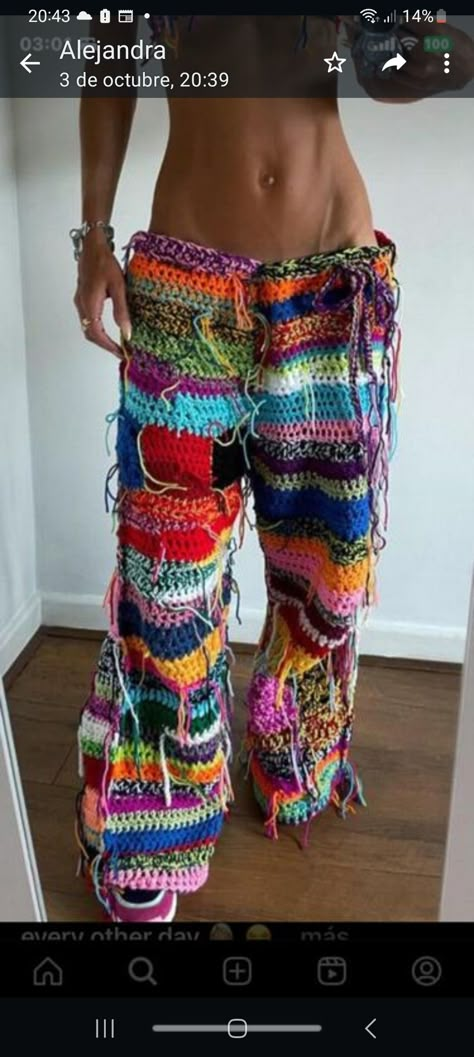 Crochet Edm Outfit, Crochet Wide Leg Pants, Crochet Scrap Yarn Pants, Crochet Patchwork Pants, Crochet Cargo Pants, Crochet Streetwear, Rainbowcore Fashion, Edm Outfit, Scrap Crochet