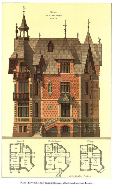 Boumier - Edificio época victoriana  - Calvados (Francia) - Alzado y planos Tea Houses, Victorian House Plans, Plans Architecture, Vintage House Plans, Sims House Plans, Victorian Architecture, Classic Architecture, Architectural Drawing, Victorian House