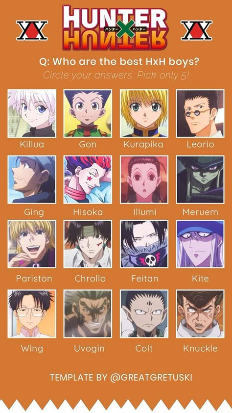 Hxh Characters Name, Hunter X Hunter Characters Name, Hxh Kinnie Bingo, Anime Character Names List, Anime Names List, Anime Bingo, Hunterxhunter Funny, Zoldyck Family, Hunter Name