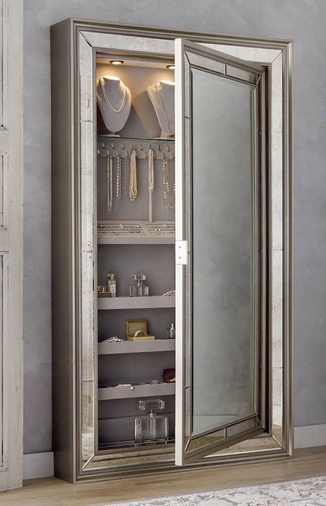 Minimalist Organization, Jewelry Closet, Luxury Closets Design, Secret Storage, Jewelry Cabinet, Storage Mirror, Dressing Room Design, Jewelry Armoire, Closet Designs