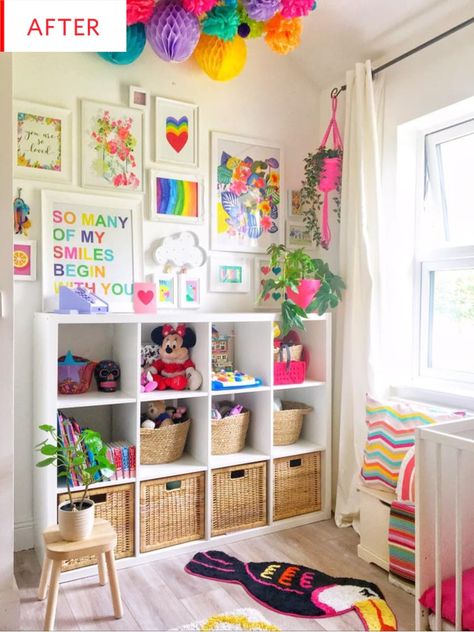 Before and After: A Colorful Shared Girls' Room | Apartment Therapy Kids Bedroom Organization, Zimmer Diy, Bold Bedroom, Shared Girls Room, Colorful Kids Room, Toddler Girl Room, Rainbow Room, Toddler Bedroom, Shared Room