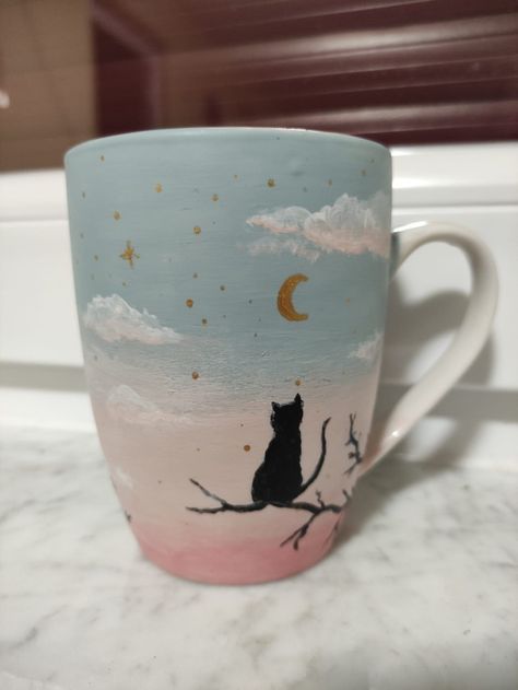 #cat #catcup #handpainted #handpaintedcup #cup #cupswithcats Cat Mug Pottery Painting, Cat Pottery Painting Ideas, Pottery Mugs Painting Ideas, Paint A Pot Ideas Mug, Pottery Painting Cup Ideas, Moon Pottery Painting, Clay Cup Painting Ideas, Clay Mug Painting Ideas, Paint A Mug Ideas