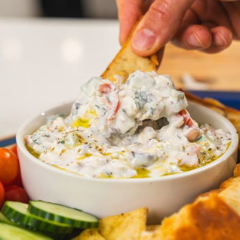 Salad Dip Recipe, Gina Livy, Classic Greek Salad, Salad Dip, East Coast Kitchen, Gluten Free Party Food, Greek Dip, Coast Kitchen, Corn Dip Recipes