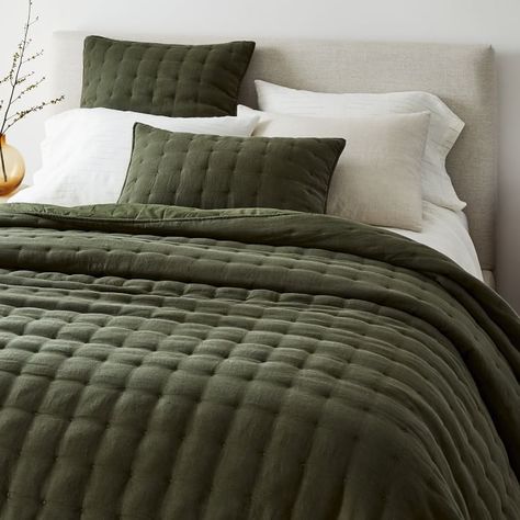 European Flax Linen Lofty Tack Stitch Quilt, Twin/Twin XL, Dark Olive | West Elm Olive Bedding, Green Comforter, Kids Duvet, Green Duvet, Kids Duvet Cover, Green Quilt, Green Bedding, Quilted Sham, Master Bedding