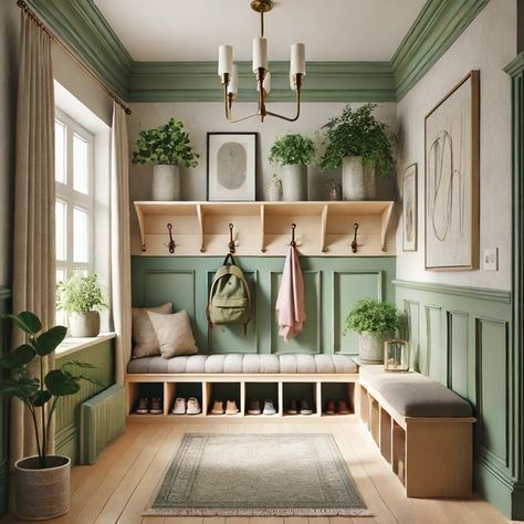 Mudroom Ideas Entryway With Mirror, L Shape Entryway Ideas, Square Entryway Ideas, Green Mudroom, Entryway Colors, Green Entryway, Design Tips And Tricks, Mudroom Remodel, Entryway Design